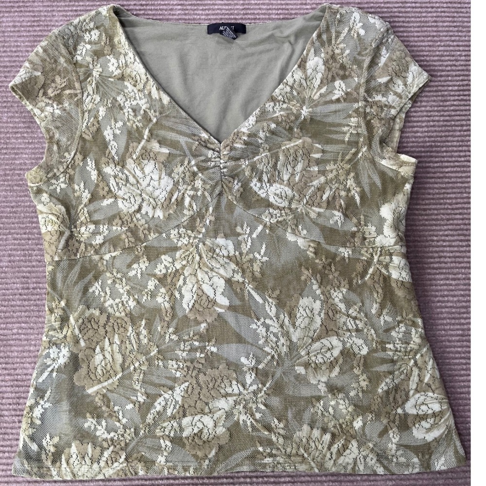 Alfani Womens XL Olive Green Floral Lace V-Neck Cap Sleeve Lined Blouse Top